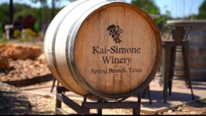 A wooden wine barrel from Kai-Simone Winery in Spring Branch, Texas.
