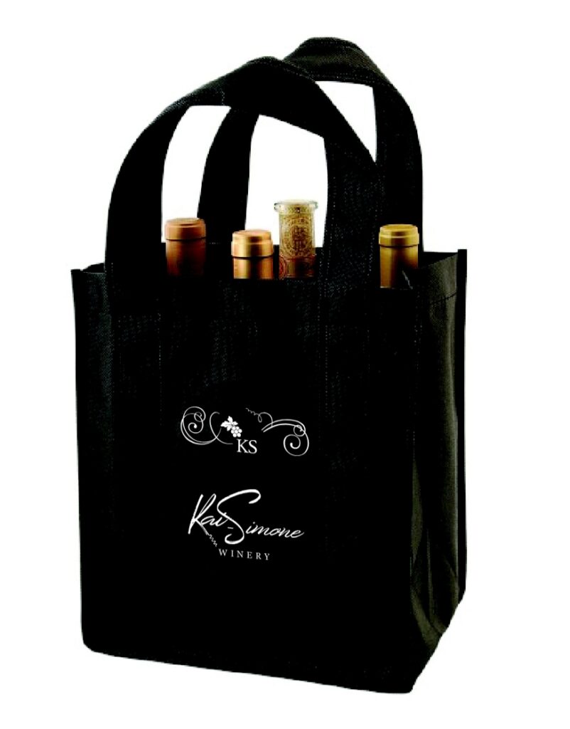 Black wine tote with bottles inside.